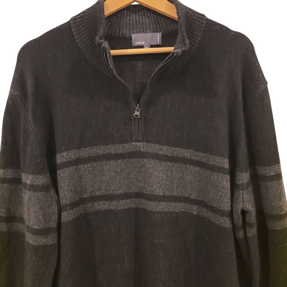 Vince Black and Grey‎ Stripe Wool Cashmere Blend Quarter Zip Up Sweater Mens XL - Picture 3 of 8